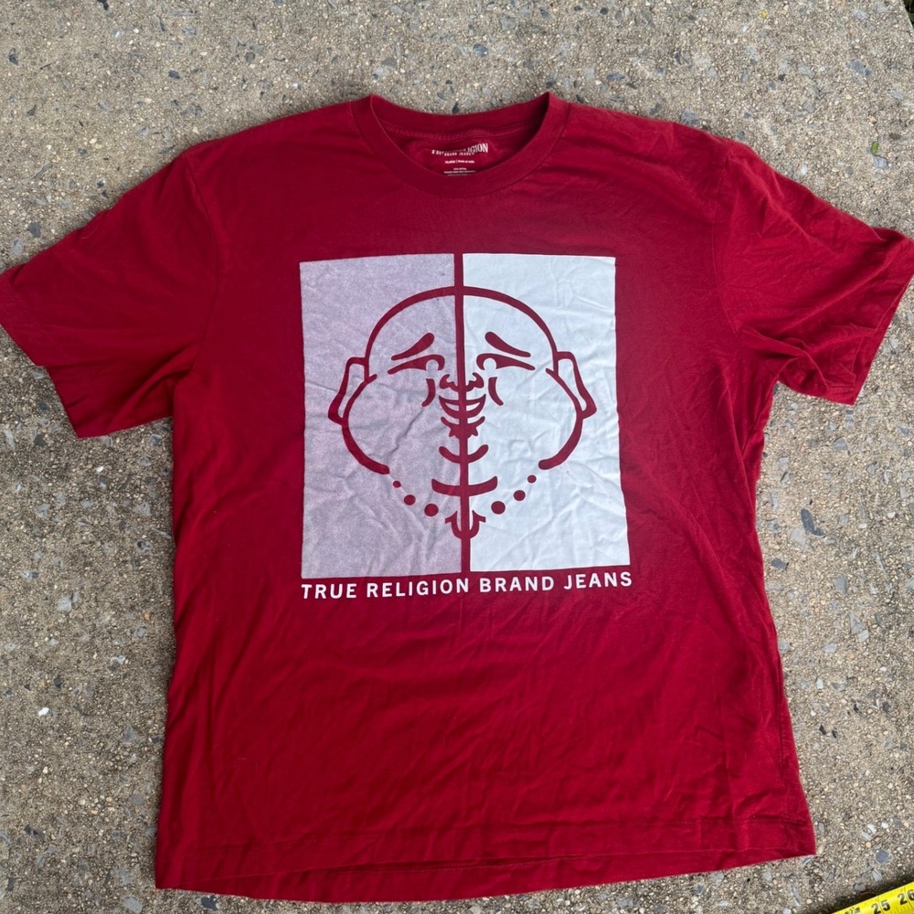 True Religion Mens 2XL Red Buddha Graphic Logo Short Sleeve Cotton T-Shirt